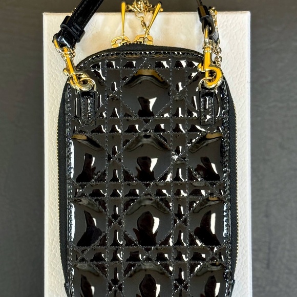 Lady Dior Call'in Dior Phone Holder Crossbody Black Patent Cannage Calfskin phon - Picture 2 of 13